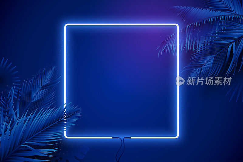 Blue neon square frame surrounded by palm branches. Glowing neon border. Vector background in synthwave style. Luxury banner design. Eps 10